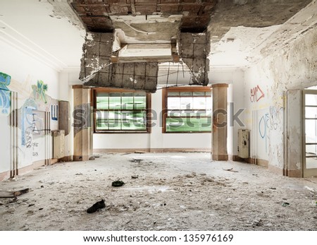 old destroyed building, large room with two windows