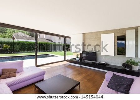 Modern Villa, Interior, Wide Living Room With Pink Divan