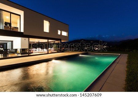 Modern Villa, Night Scene,View From Poolside