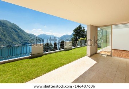 Interior apartment with garden, view from veranda