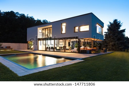 Modern Villa With Pool, Night Scene