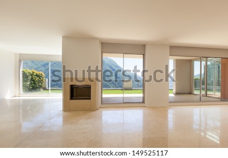 Interior apartment with garden, large room with windows