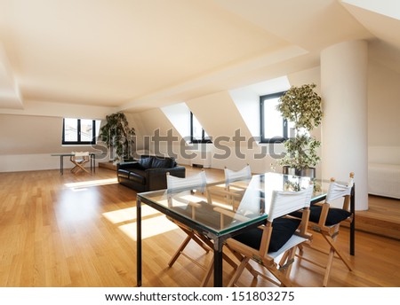 interior, beautiful loft, hardwood floor, view dining table