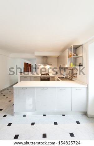 Interior, small apartment, white kitchen view