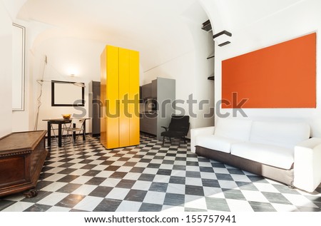 apartment in old building, interior, checkered floor
