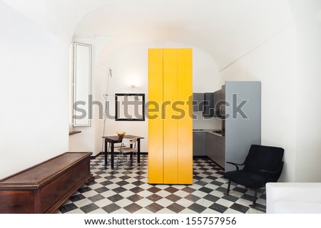 apartment in old building, interior, checkered floor