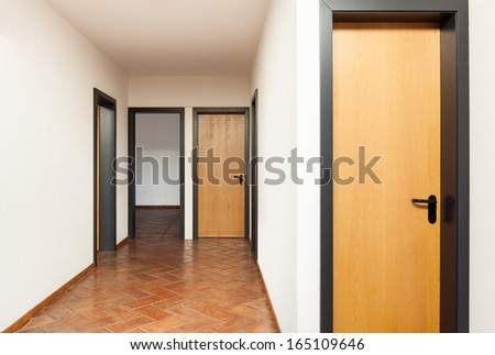 Architecture, interior house, corridor with many doors