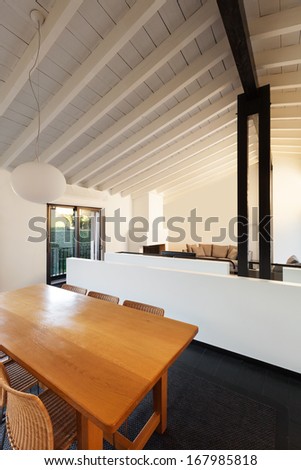 interior, comfortable loft, modern furniture, dining table