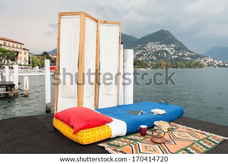 bedroom on the lake shore, view from the pier