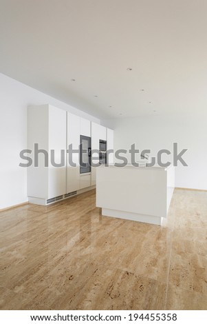 beautiful empty apartment, marble floor, modern kitchen