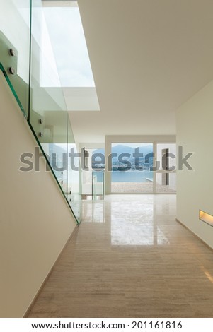 Interior, modern penthouse, view from the passage
