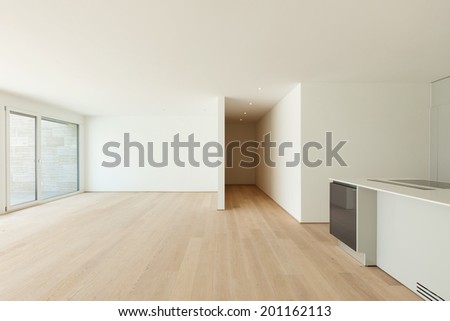 Interior, modern penthouse, empty living room with kitchen