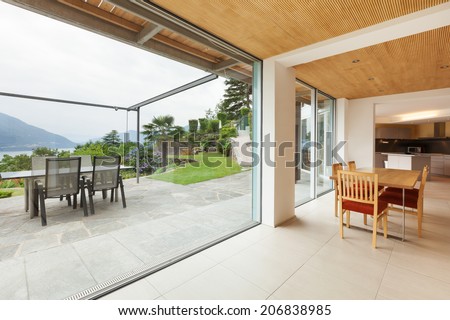 mountain house, modern architecture, interior, dining room, veranda view