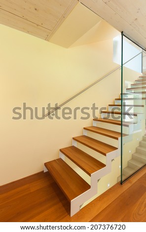 mountain house, modern architecture, interior, staircase