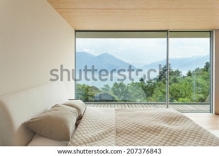 mountain house, modern architecture, interior, bedroom