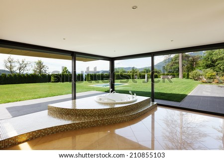 beautiful room with jacuzzi, window overlooking the garden
