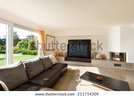 interior house, nice living room with leather sofa