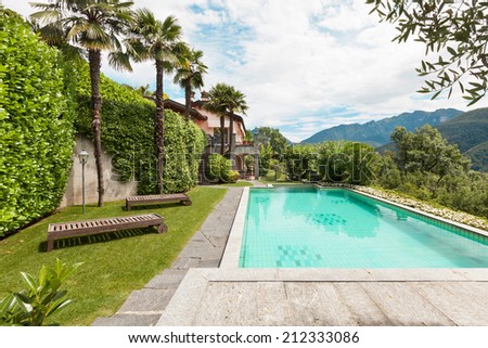 house with swimming pool, outdoor, view from the garden