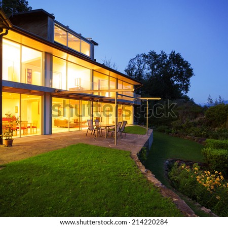 Modern villa in the night, veranda