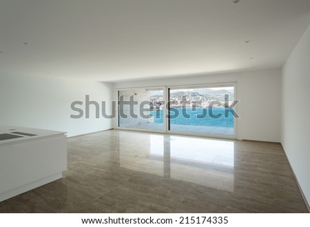Interior, empty apartment, marble floor, wide room