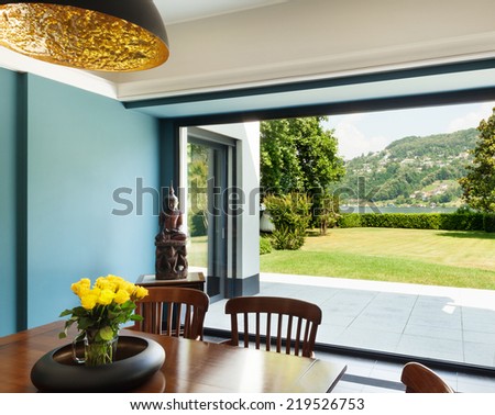 Interior, modern house, dining room, veranda view