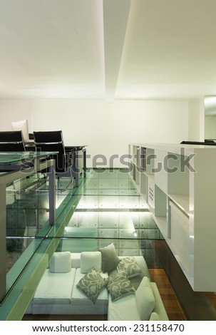 Architecture, wide loft with modern furniture, studio