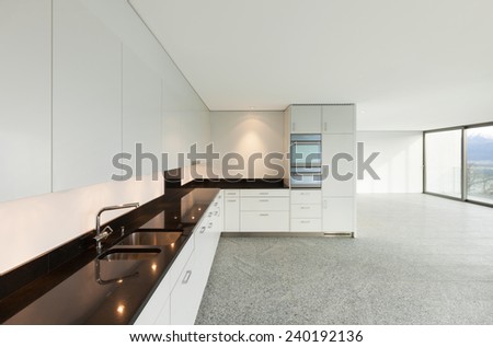 Modern architecture, wide apartment, domestic kitchen view