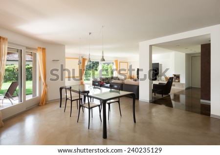 interior house, wide room with dining table