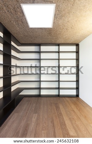 Architecture, modern apartment, empty room with bookcase