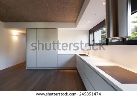 Architecture, modern apartment, white domestic kitchen
