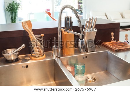 Architecture, detail modern kitchen, stainless steel sink