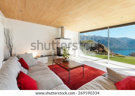 mountain house, modern architecture, interior, living room
