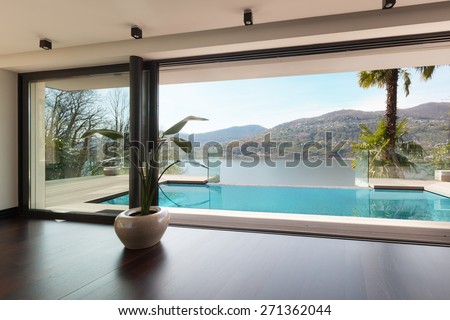 architecture, modern house, pool view from the living room