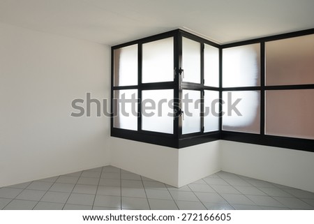 architecture, empty room with windows, gray tiled floor