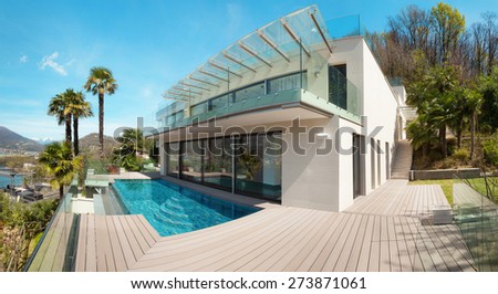 architecture, modern house, beautiful patio with pool, outdoor