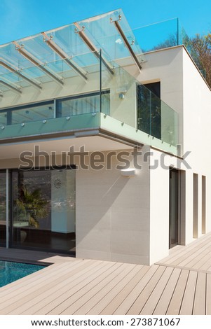 architecture, modern white house, view from the patio, outdoor