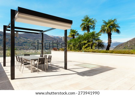 architecture, modern house, beautiful veranda overlooking the lake