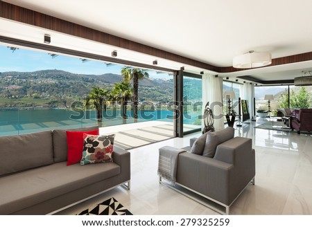 architecture, modern house, beautiful veranda overlooking the lake, interior
