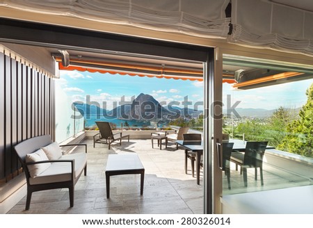 Architecture, veranda of a penthouse, view from interior