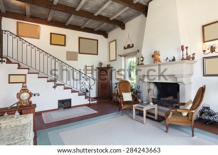 interior of old house, classic furniture, living room with fireplace