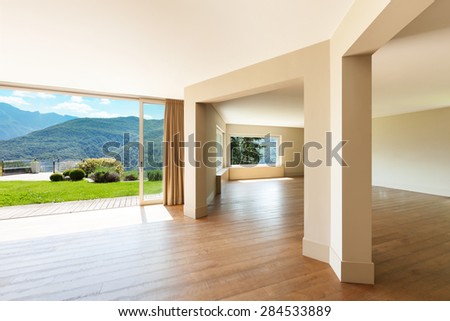 Architecture, empty living room with large windows