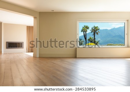 Architecture, empty living room with large windows