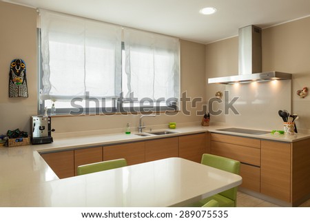 Interior of a modern apartment furnished, wide domestic kitchen