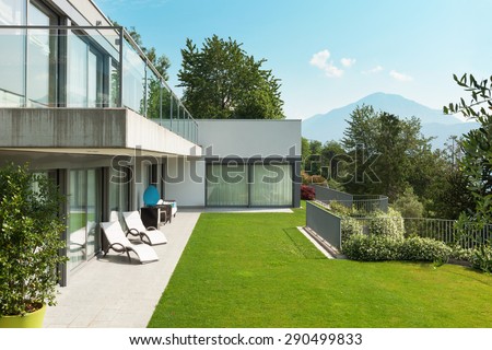Architecture, modern white house with garden, outdoors