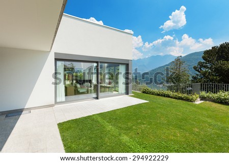 Architecture, modern white house with garden, outdoors