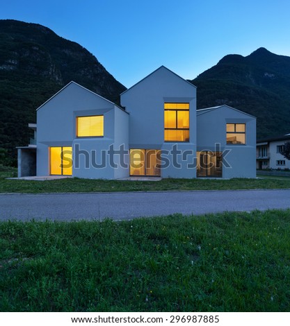 architecture, modern white houses, outdoor view by night