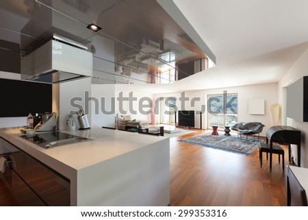 Interior of apartment, wide living room, parquet floor