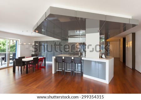 Interior of apartment, wide kitchen, parquet floor