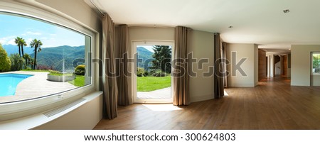 Architecture, wide panorama of a living room with windows, parquet floor