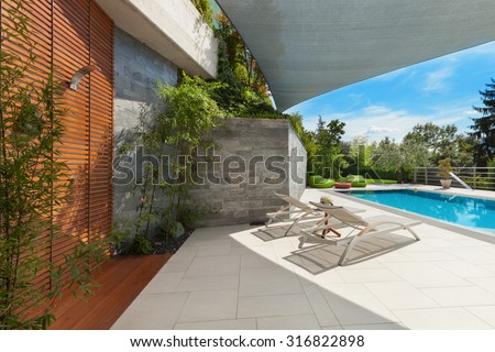 beautiful house, swimming pool view from the veranda, summer da